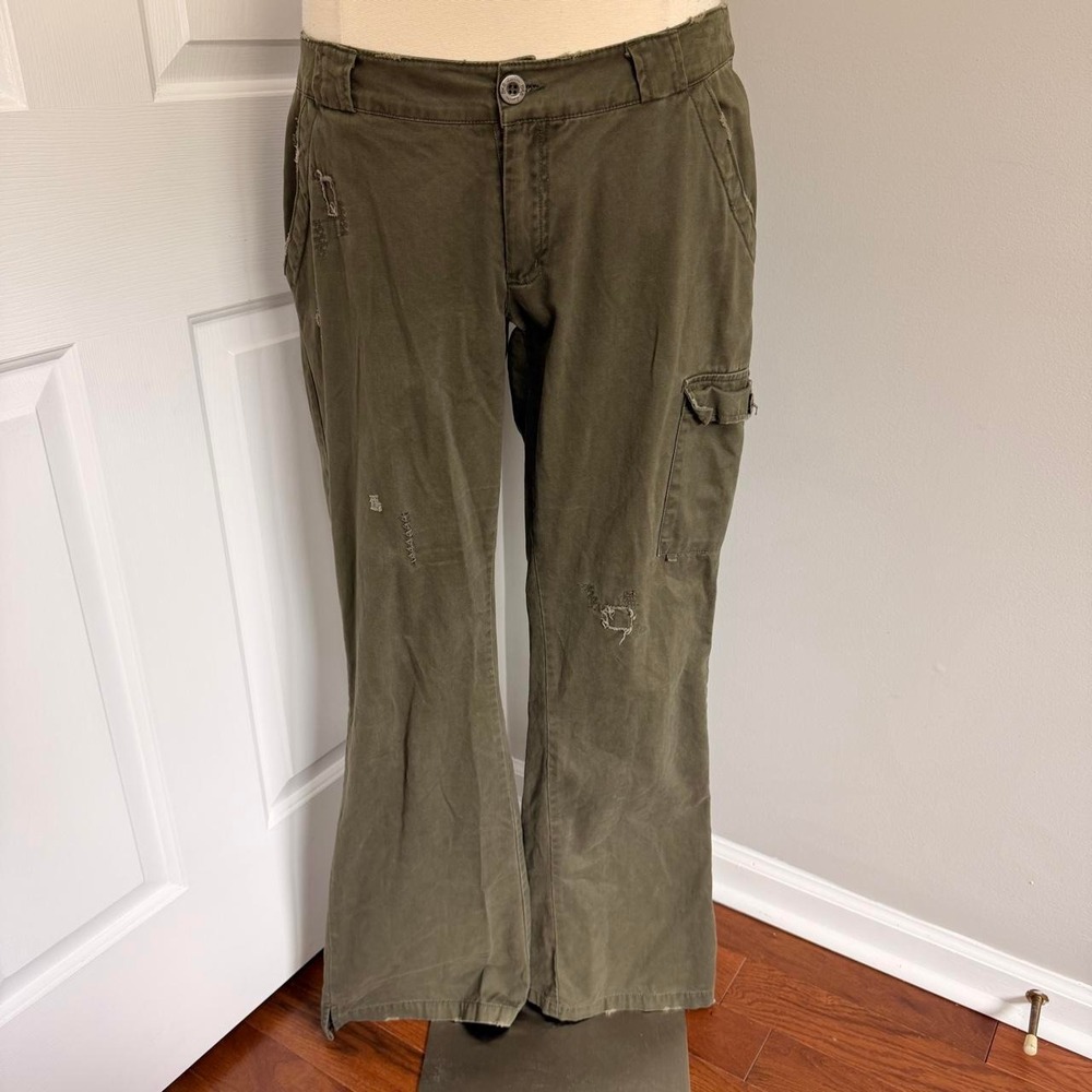 Y2K OLIVE GREEN BKE DENIM DISTRESSED PATCH WORK CARGO PANTS